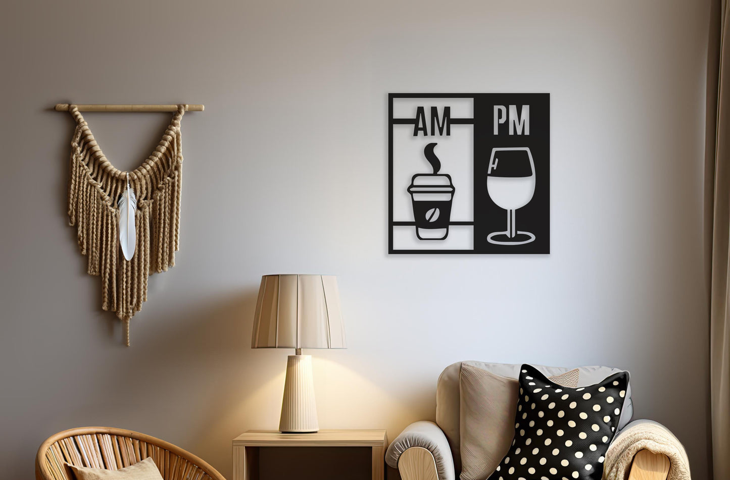 Coffee and wine wooden wall decoration placed on a boho wall
