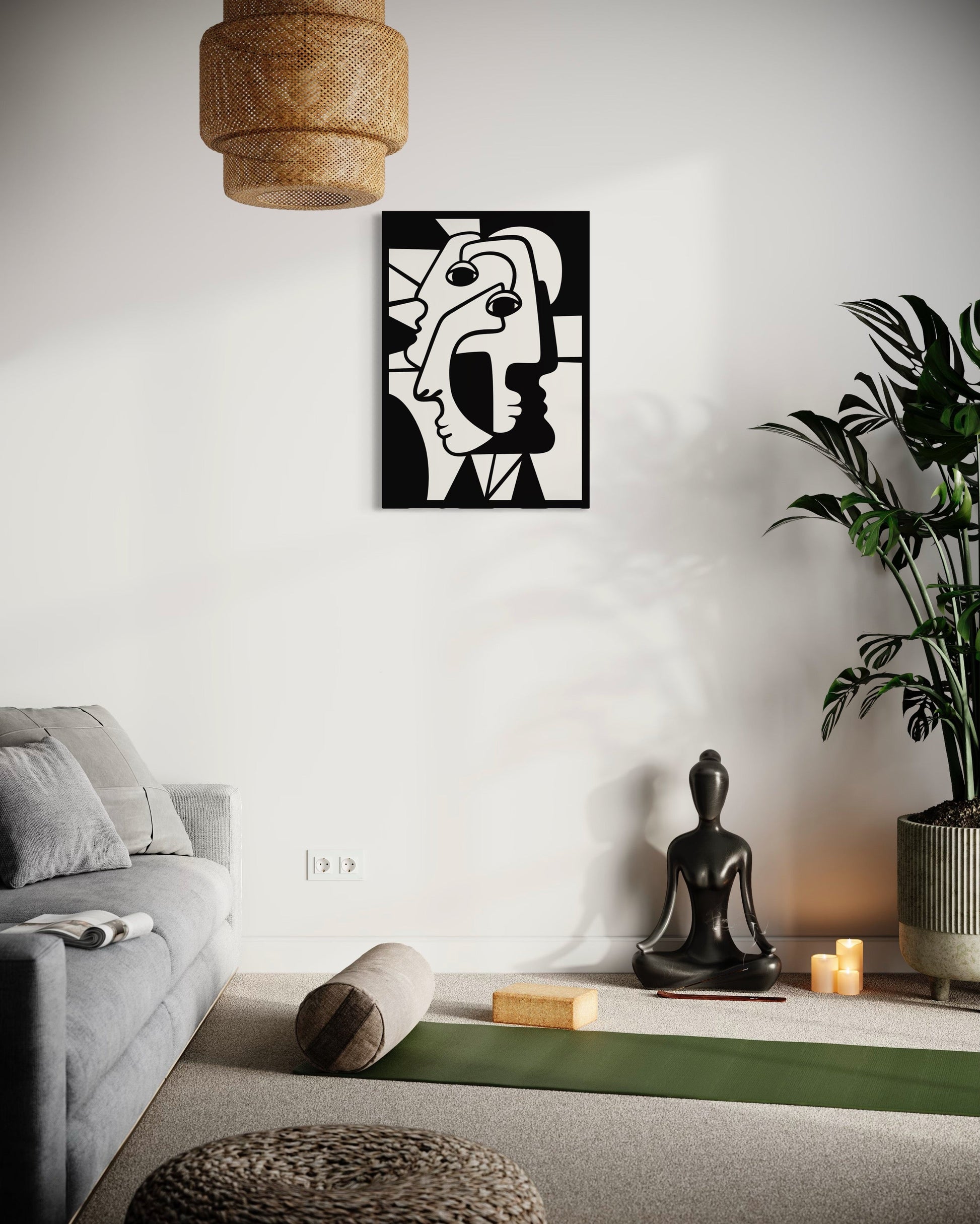 Cubist faces wooden wall decoration hanging on a white wall in a peaceful room