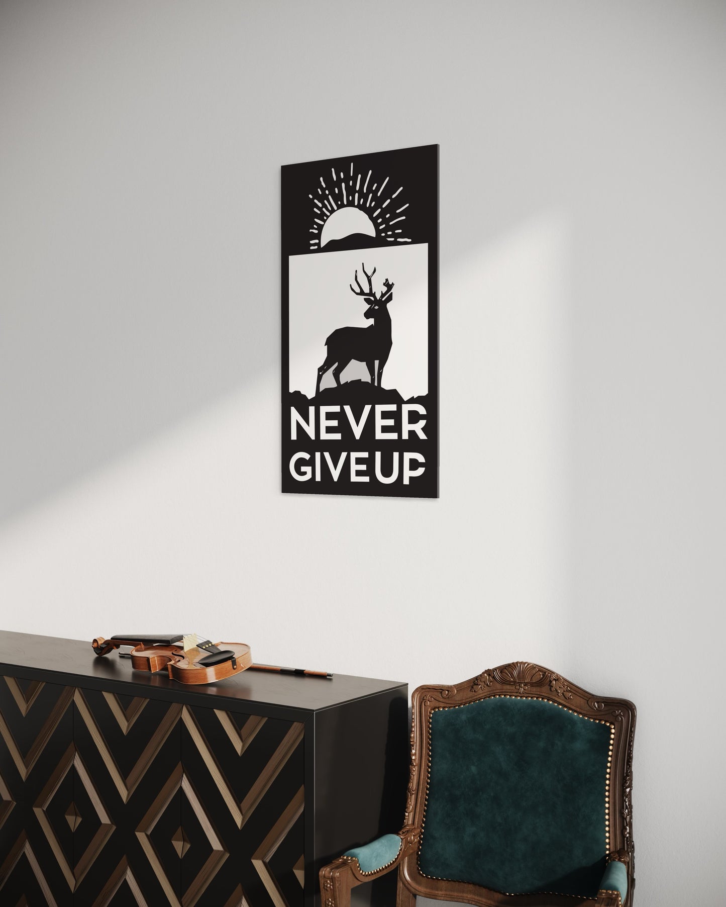 Motivational Houten Wanddecoratie| "Never Give Up" | Matzwart | Uitstekende Afwerking | Premium Bio Hout