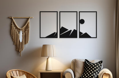3 pieces wooden wall decoration mountains on a boho wall