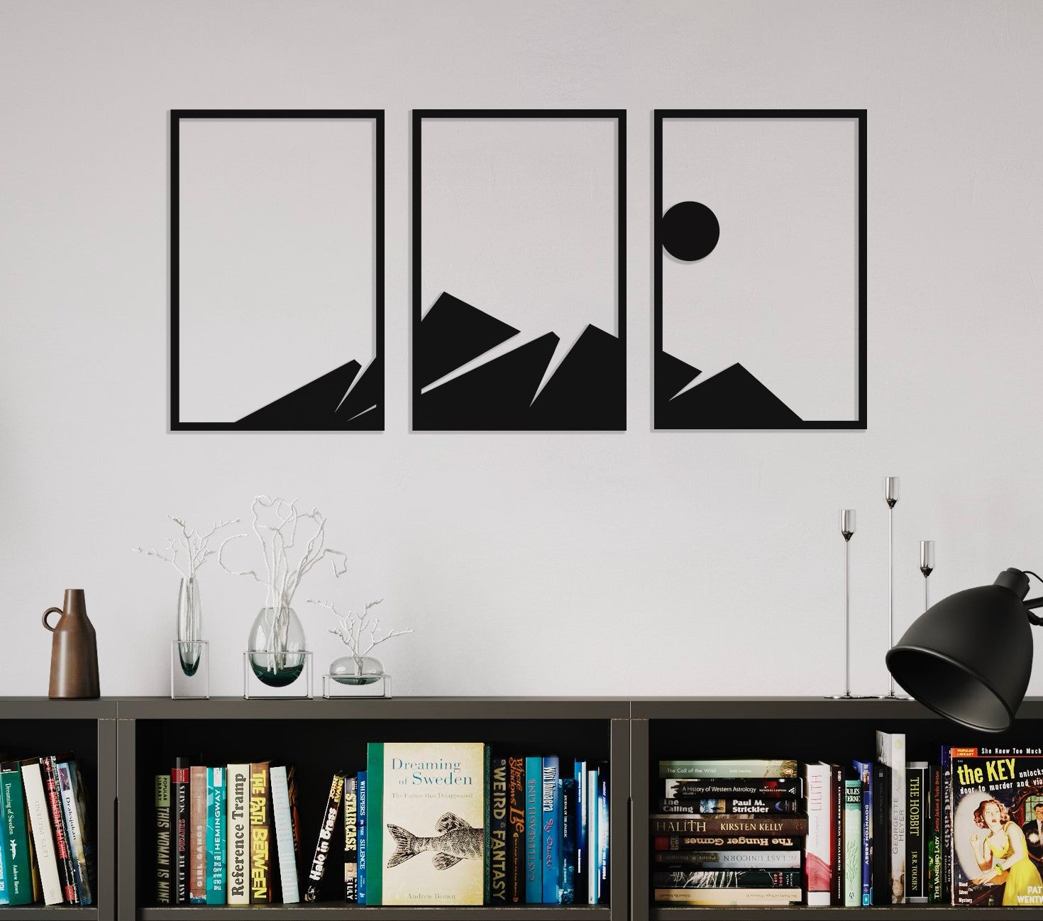 3 pieces wooden wall decoration mountains on a white wall close up