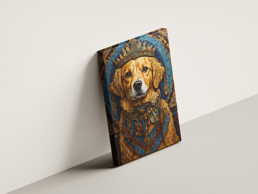 Canvas portrait of a golden retreiver with a crown leaning on a white wall