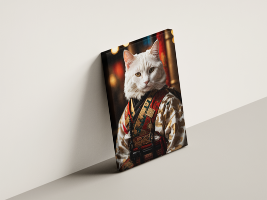 Canvas Wall Decoration | White Katana Cat  | Premium 100% Cotton Cloth